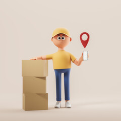 3d rendering. Cartoon man with mock up phone screen, parcel and navigation