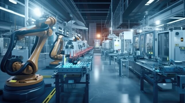 Futuristic Machines in Factory. Robots Producing Plastic Parts. The concept of production by robots. Generative AI