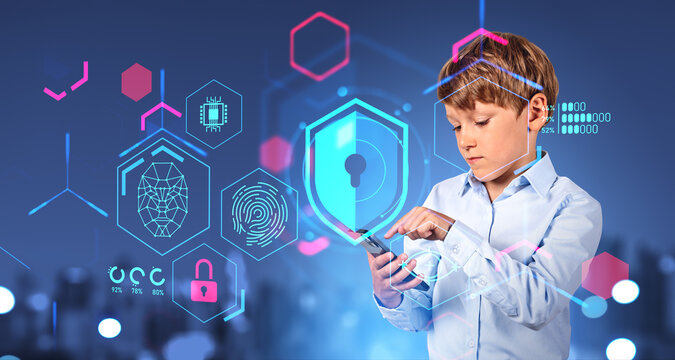 School kid working with smartphone, digital hologram with face i