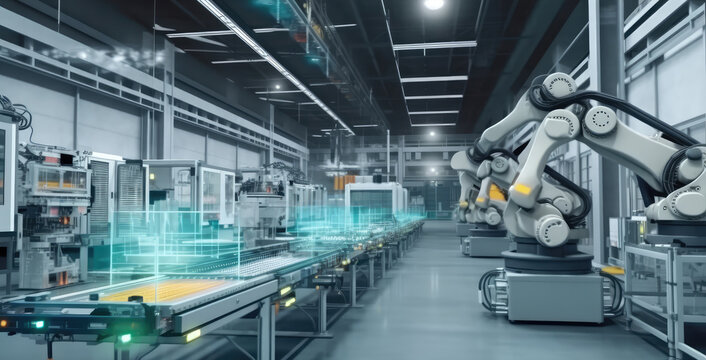 Smart industry robot arm, digital factory production technology showing automation manufacturing process of the Industry. The concept of production by robots. Generative AI