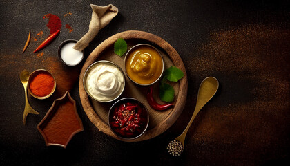 Flavorful Indian condiments view from above with copy space, Generative AI