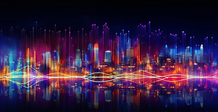 Wireless network and connection technology concept, virtual lines, abstract city background - AI generated image