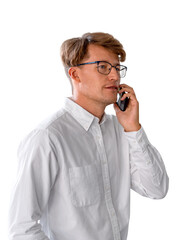 Smiling businessman talking on the phone, isolated over white background