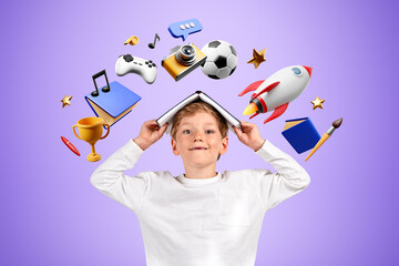 Child with book on head notes, different social media and entert
