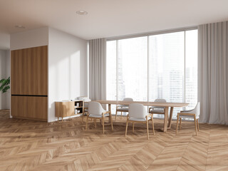White dining room corner with long table