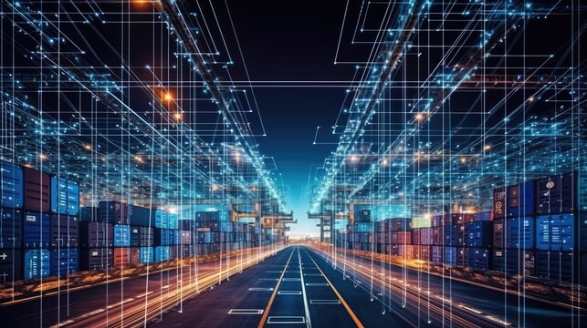 Transportation of containers. Neural networks. Business concept, cargo transportation. Transport logistics. AI generated