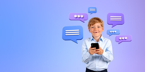 Smiling boy with smartphone and speech bubbles