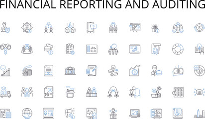 Financial reporting and auditing line icons collection. Hospitality, Accommodation, Luxurious, Amenities, Atmosphere, Ambience, Contemporary vector and linear illustration. Boutique,Tranquil,Serene