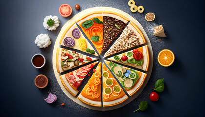 Obraz na płótnie Canvas A pizza surrounded by different ingredients including a variety of different foods, Generative AI