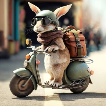 Hasen mit Sonnenbrille, Helm und Rucksack, der auf einem Mofa durch die Stadt f&auml;hrt, im Cartoon-Stil. Generative AI