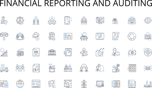 Financial reporting and auditing line icons collection. Hospitality, Accommodation, Luxurious, Amenities, Atmosphere, Ambience, Contemporary vector and linear illustration. Boutique,Tranquil,Serene