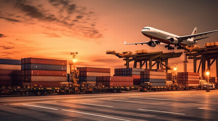 Fototapeta na wymiar Transportation of containers on the railway, evening city, a plane in the sky. Business concept, cargo transportation. Transport logistics. AI generated