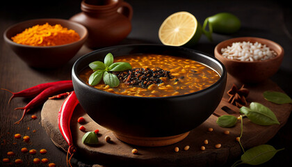A bowl of Indian lentil soup a traditional daal recipe with lemon and red chili on the side, Generative AI - obrazy, fototapety, plakaty