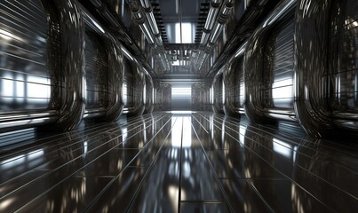  a long hallway with metal pipes and a light at the end.  generative ai