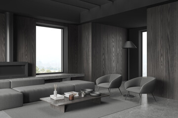 Grey living room interior with couch and armchairs with coffee table, window