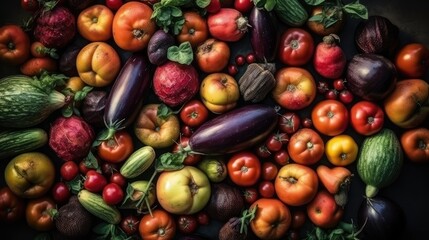 Top view of vegetables on the table. Vegetable background. AI generated