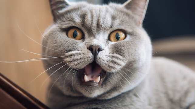 A British shorthair cat taking a selfie with the camera while meowing and smiling at the same time with the blurred background in the back