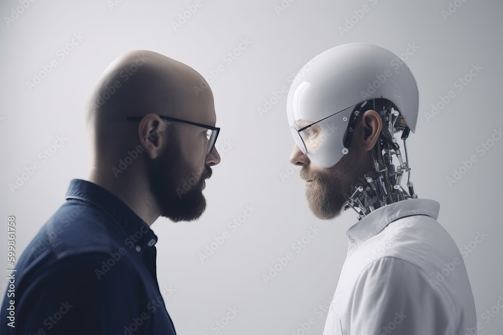 Wall mural person looking at a robotic artificial intelligence version of themselves. deep fake. generative ai