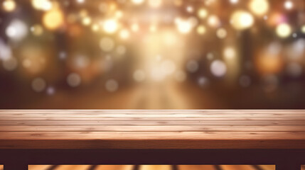 Empty wooden table top on blurred abstract bright bokeh background.