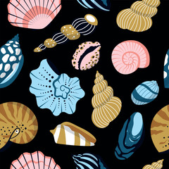 Sea shell, sink cartoon seamless pattern. Ocean exotic underwater seashell conch aquatic mollusk, sea spiral snail, marine starfish collection. Tropical beach nature aquatic water flat illustration