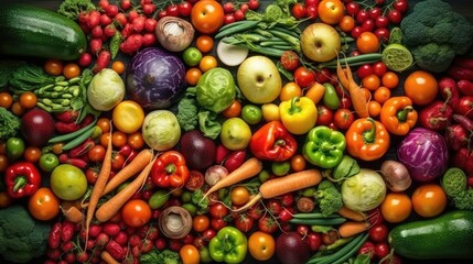 Food background with assortment of fresh organic vegetables. Vegetable background, top view. AI generated