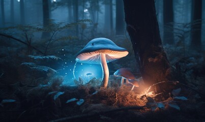 Fototapeta premium a blue mushroom sitting in the middle of a forest next to a fire. generative ai