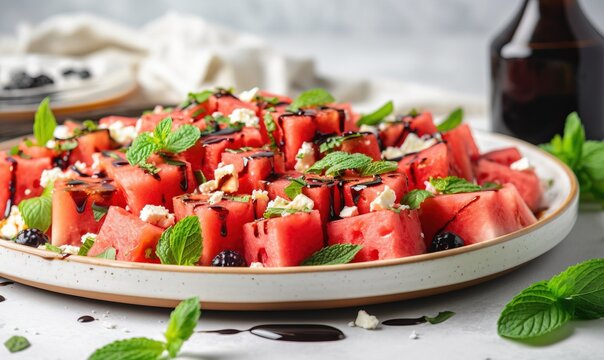  a plate of watermelon and mint salad with a bottle of soda.  generative ai