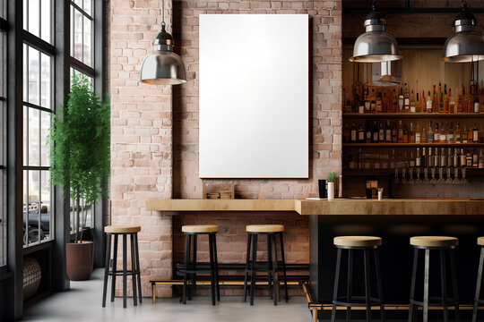 Mockup of vertical empty poster in Loft bar interior
