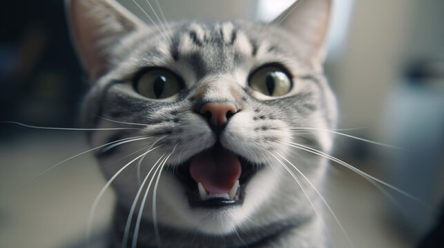 A cat taking a selfie with the camera while meowing and smiling at the same time with the blurred background in the back
