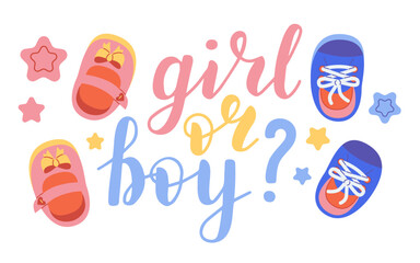 Girl or boy, lettering written with elegant calligraphic font and decorated with booties, dummy. Gender party concept.