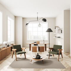 White home office interior with relax place, decoration and panoramic window