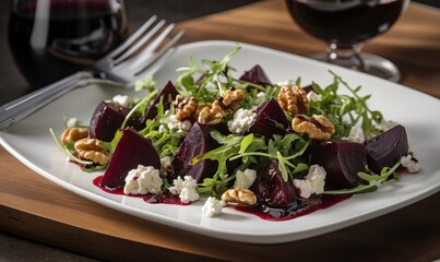 a white plate topped with beets and feta cheese.  generative ai