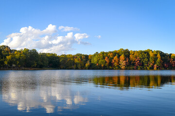 Fototapeta premium Beautiful sunny fall day at a lake in North Carolina.