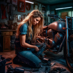 Naklejka na ściany i meble concept of equality, female motorcycle mechanic in workshop. AI generated
