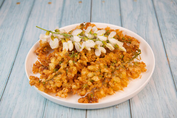 Acacia flowers fritters, Blossoming acacia with leafs, , Robinia pseudoacacia, White acacia, High quality photo