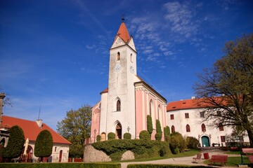 A beautiful castle with large square and tower of chapel at Bitov, Czech republic