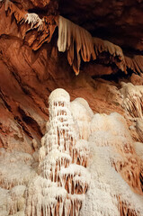 Calcite inlets, stalactites and stalagmites in large underground halls in Carlsbad Caverns NP, New...