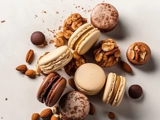 Fotobehang Close up almond macaron, composition of many different flavors and various French macarons sandwich cookies,  di-cut image on white background,Generative AI © Urachat