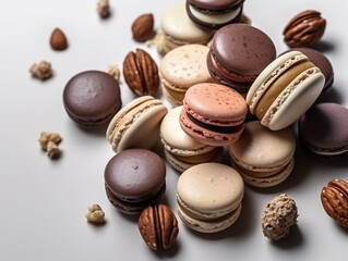 Close up almond macaron, composition of many different flavors and various French macarons sandwich cookies,  di-cut image on white background,Generative AI
