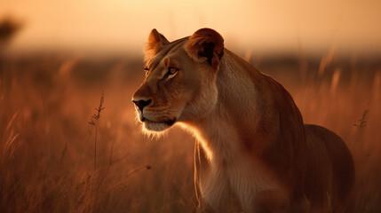 Closeup portrait of Safari female lion at sunset - obrazy, fototapety, plakaty
