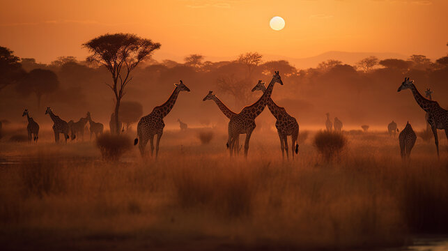 Fototapeta Sunset safari photography of giraffes at sunset
