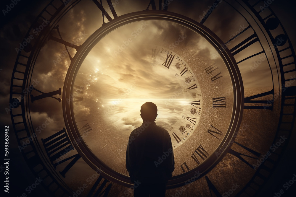 Wall mural abstract concept of time passing by. human silhouette and old clock representing past time. turn bac