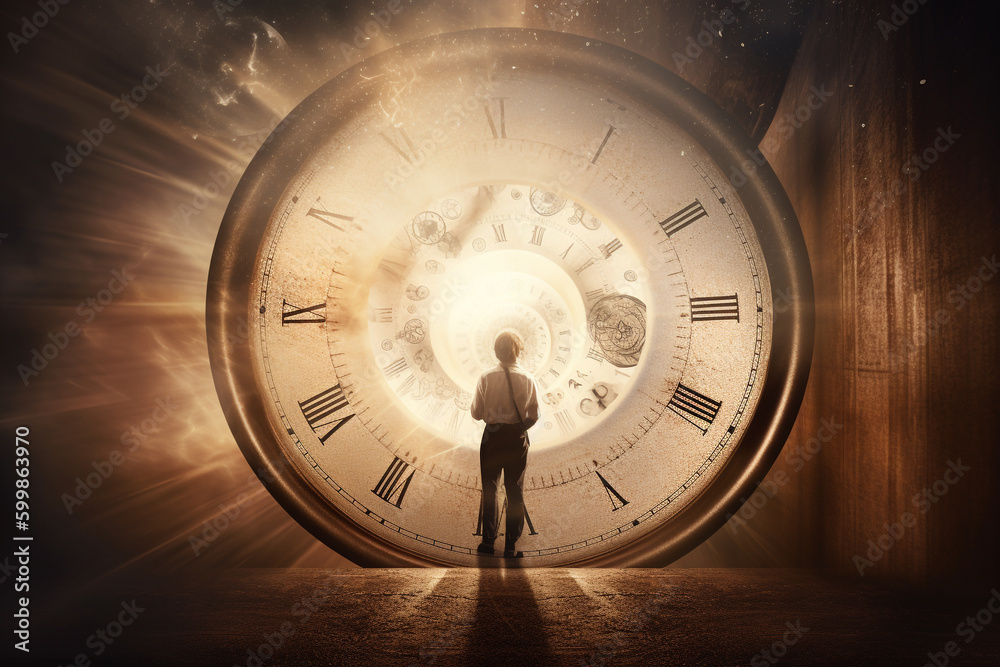 Wall mural abstract concept of time passing by. human silhouette and old clock representing past time. turn bac
