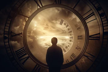 Foto op Canvas Abstract concept of time passing by. Human silhouette and old clock representing past time. Turn back time concept. Melancholic mood. Generative AI © Rytis