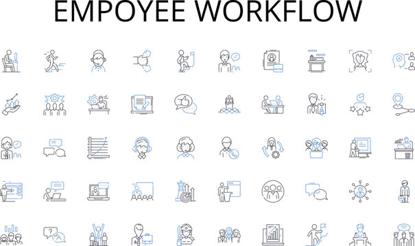 Empoyee workflow line icons collection. imagination, narrative, gameplay, mechanics, immersion, balance, prototype vector and linear illustration. concept,iteration,user-friendly outline signs set