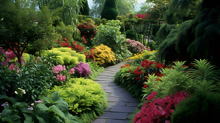 A lush green garden with various types of colorful blooming plants creating a picturesque view
