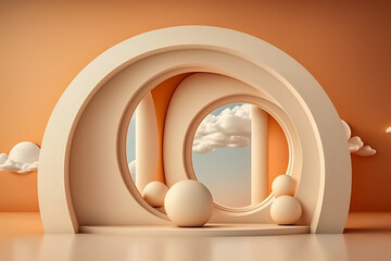 A orange and white of a abstract round window with a sky and clouds in the background Generative Ai
