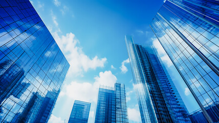 Fototapeta na wymiar modern skyscrapers, business office buildings with blue sky, AI generative