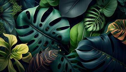 A green tropical foliage leaf pattern backdrop background, Generative AI