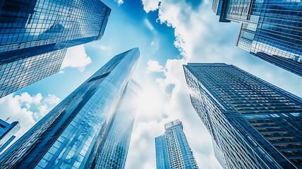Fototapeta na wymiar modern skyscrapers, business office buildings with blue sky, AI generative